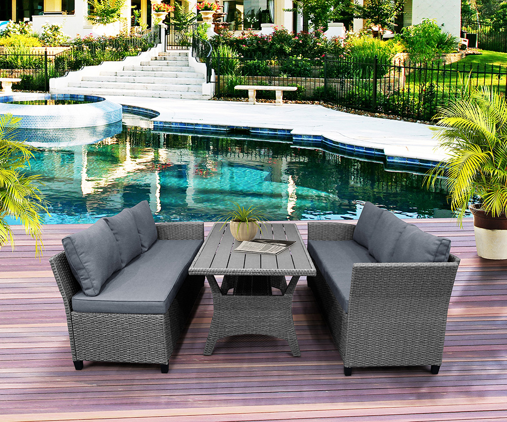 TOPMAX 3 Pieces Outdoor Rattan Furniture Set, Including 2 Sofas, and Coffee Table, for Garden, Terrace, Porch, Poolside - Gray