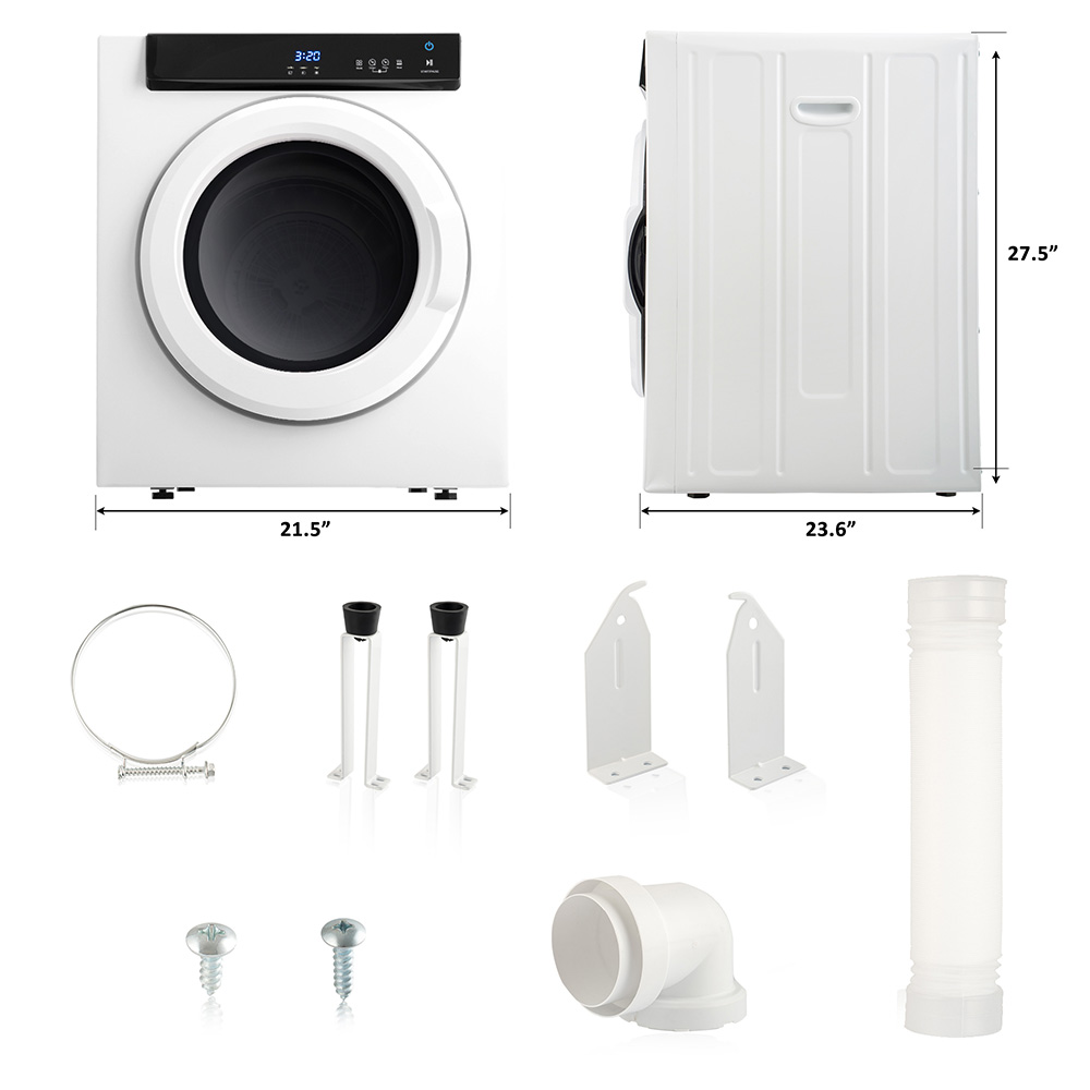 Portable Electric Clothes Dryer, with Touch Screen Panel and Stainless Steel Tub, for Apartments, Dormitory, and RVs - White