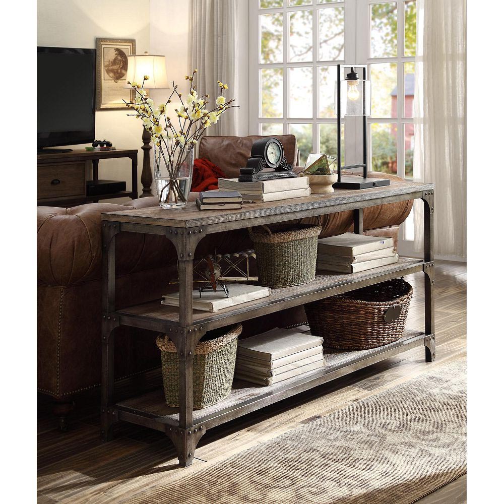 ACME Gorden 60"  Console Table with 2-Layer Open Shelf, for Entrance, Hallway, Dining Room, Kitchen - Weathered Oak