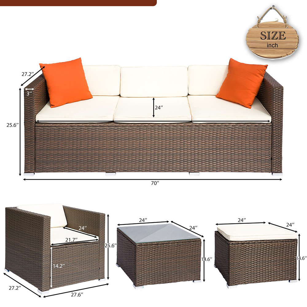 TOPMAX 4 Pieces Outdoor Rattan Furniture Set, Including Armchair, 3-seat Sofa, Coffee Table, and Ottoman, for Garden, Terrace, Porch, Poolside - Brown