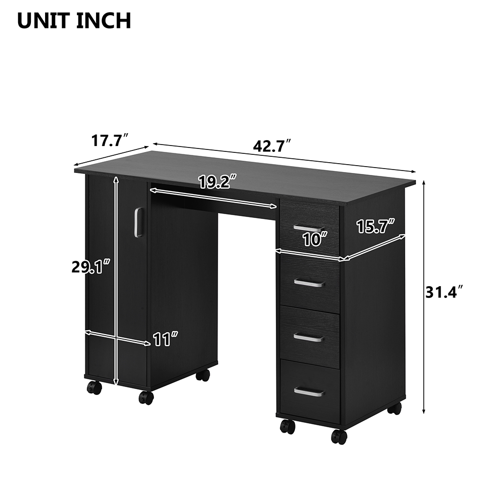 Home Office Computer Desk with 4 Drawers and Storage Cabinet, for Game Room, Office, Study Room - Black