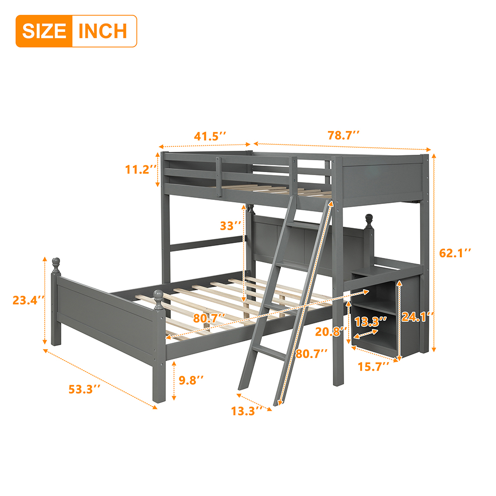 Twin-Over-Full Size Separable Bunk Bed Frame with Storage Cabinet, Ladder, and Wooden Slats Support, No Spring Box Required, for Kids, Teens (Frame Only) - Gray