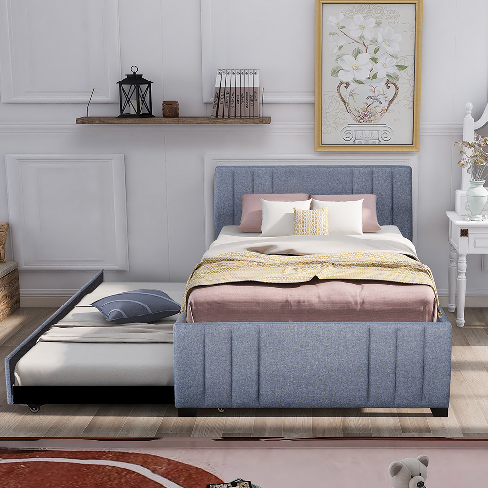 Full-Size Upholstered Platform Bed Frame with Trundle Bed Gray