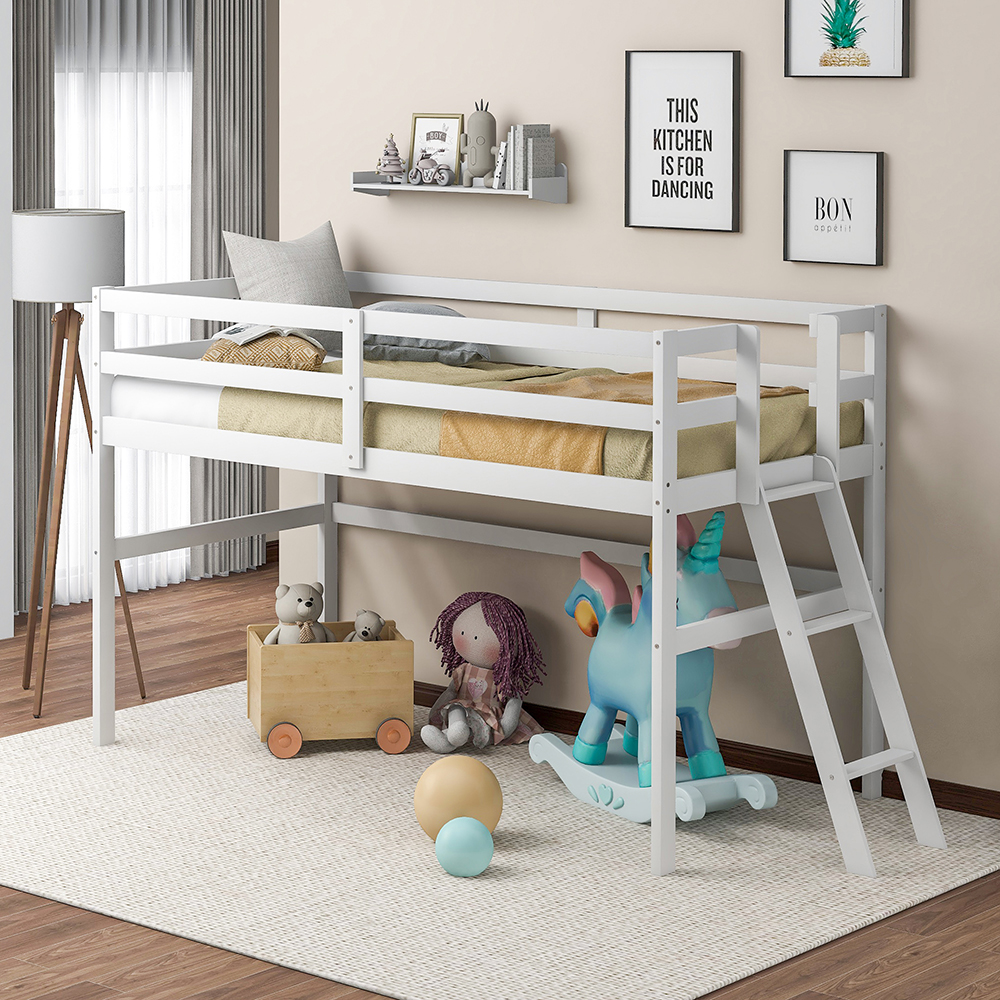 Twin-Size Loft Bed Frame with Ladder, and Wooden Slats Support, for Kids, Teens, Boys, Girls (Frame Only) - White