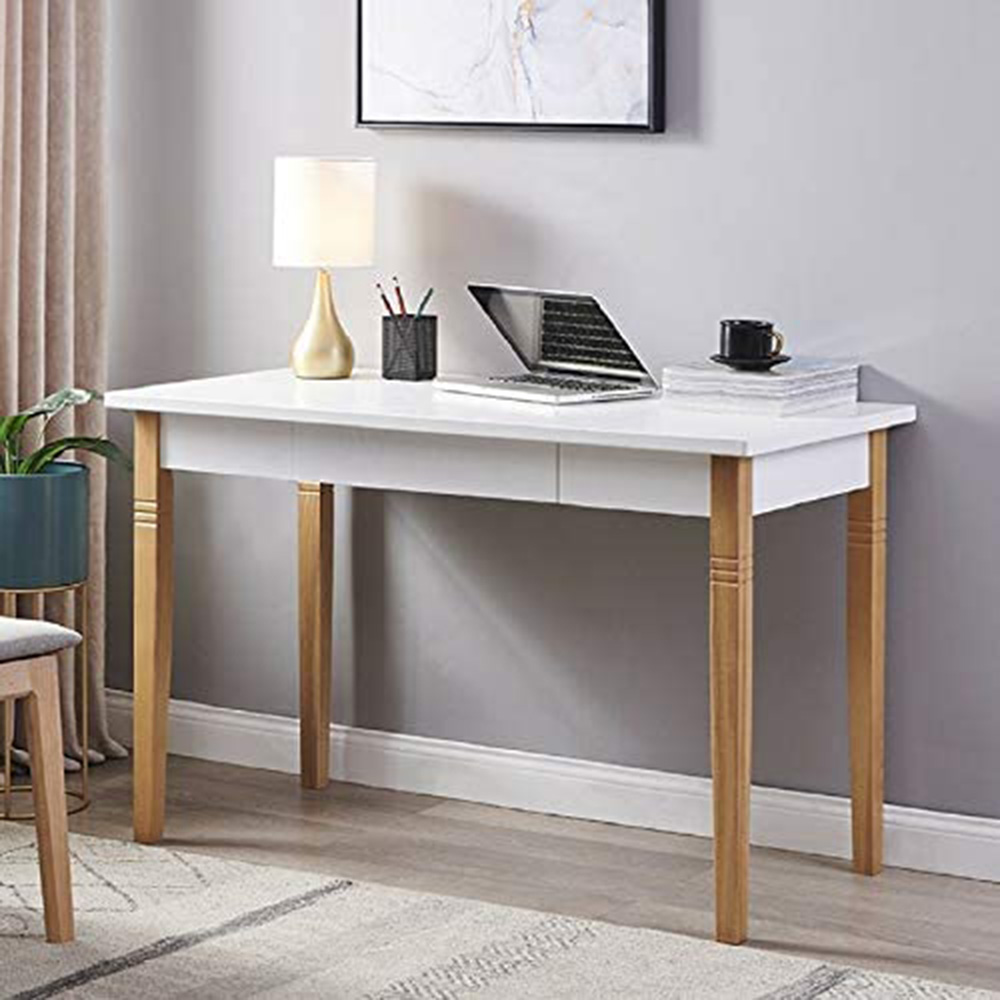 Home Office Computer Desk with 1 Storage Drawer and Solid Wood Legs, for Game Room, Office, Study Room - White