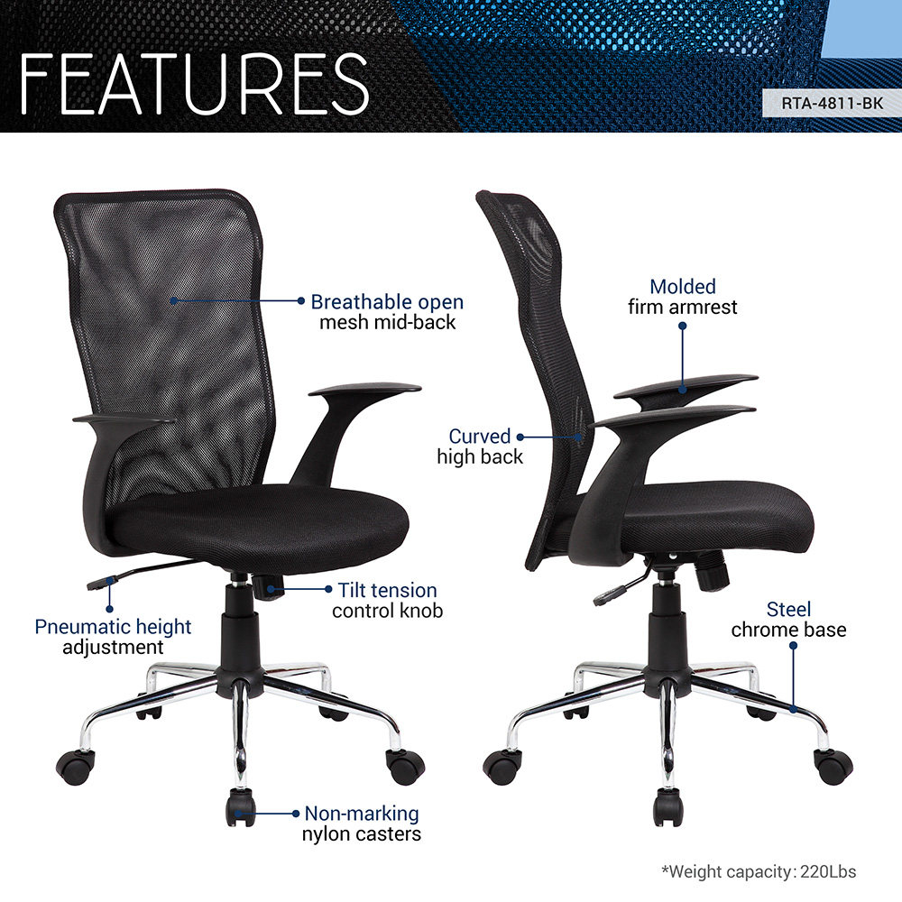 Techni Home Office Adjustable Rotatable Chair With Ergonomic Mesh Backrest And Casters - Black 9 Techni Home Office Adjustable Rotatable Chair with Ergonomic Mesh Backrest and Casters - Black