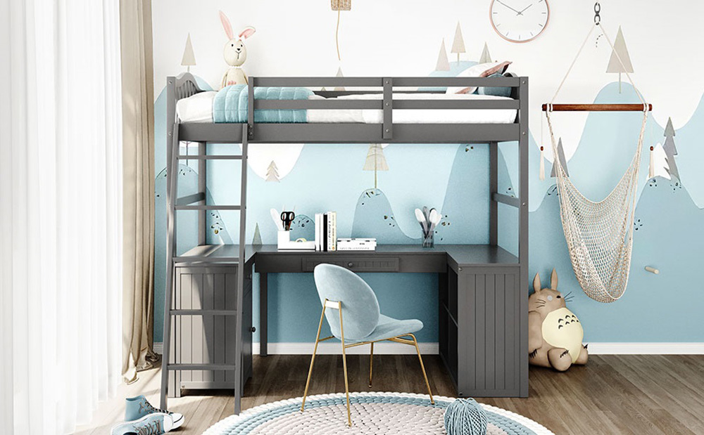 Twin-Size Loft Bed Frame with Desk, Storage Drawers,  Cabinet, Shelves, Ladder, and Wooden Slats Support, for Kids, Teens, Boys, Girls (Frame Only) - Gray
