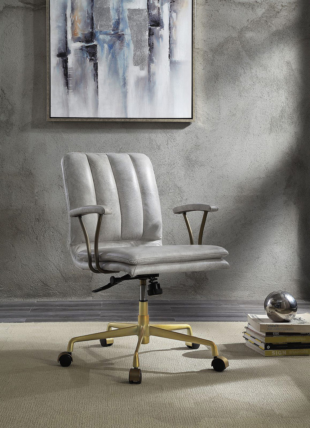 ACME Damir Leather Upholstered Office Chair with High Backrest, and Metal Frame, for Restaurant, Cafe, Tavern, Office, Living Room - White