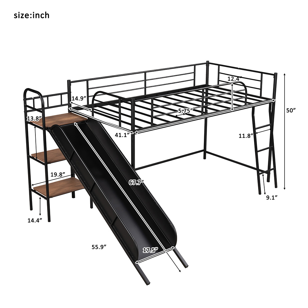 Twin-Size Loft Bed Frame with Slide, Storage Shelves, Ladder, and Metal Slats Support, for Kids, Teens, Boys, Girls (Frame Only) - Black