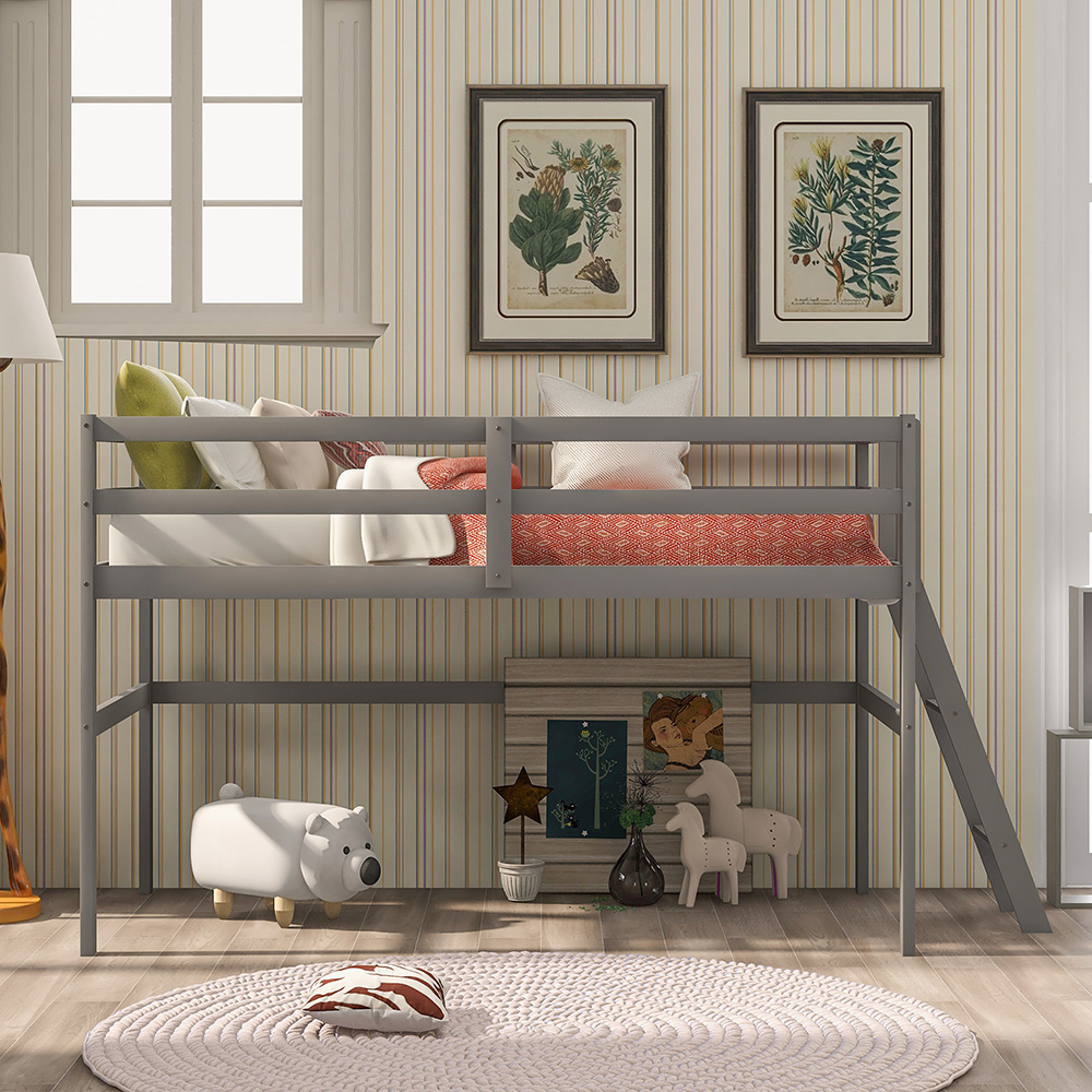 Twin-Size Loft Bed Frame With Ladder, And Wooden Slats Support, For Kids, Teens, Boys, Girls (Frame Only) - Gray 6 Twin-Size Loft Bed Frame with Ladder, and Wooden Slats Support, for Kids, Teens, Boys, Girls (Frame Only) - Gray