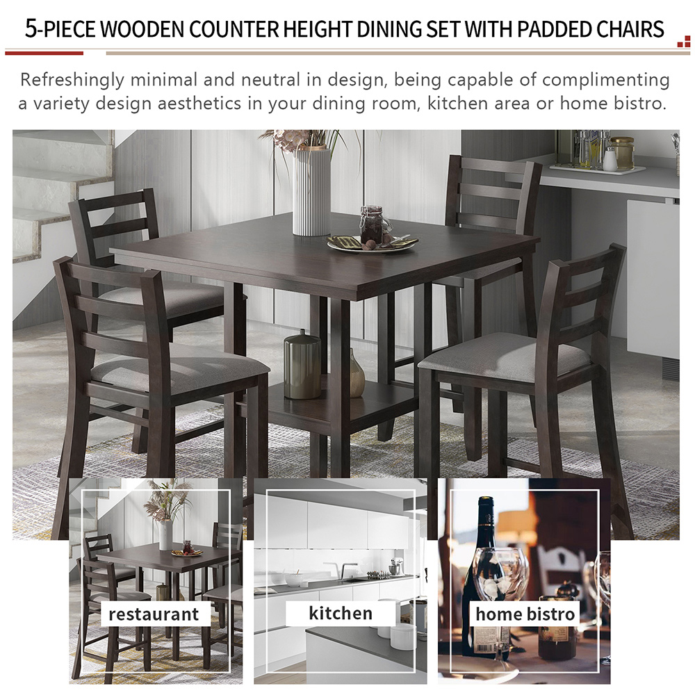 TREXM 5 Piece Dining Set, Including 1 Counter Height Table with Storage Shelf, and 4 Padded Chairs, for Small Apartment, Studio, Kitchen - Espresso