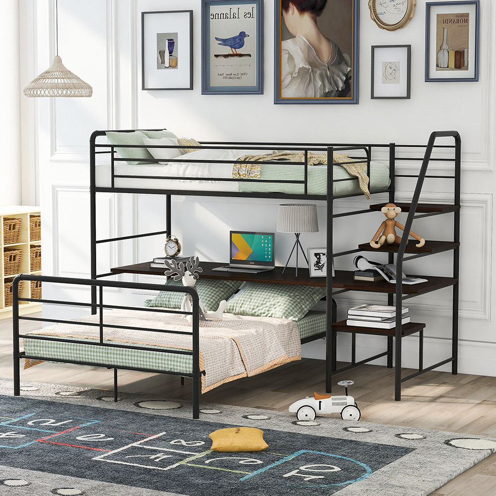 Twin-Over-Full Size Bunk Bed Frame with Ladder, Desk, and Metal Slats Support, No Spring Box Required (Frame Only) - Black