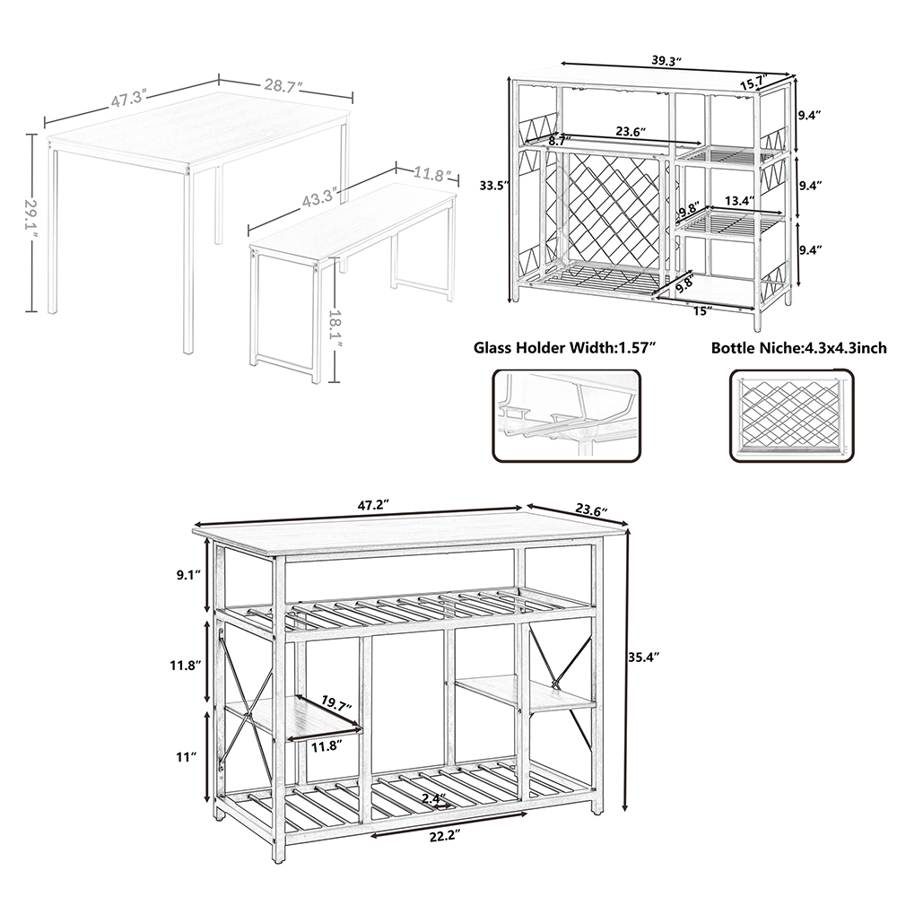 TOPMAX 5 Piece Rustic Dining Set, Including 1 Faux Marble Table, 2 Benches, Kitchen Island and Wine Rack Table, for Small Places - Brown