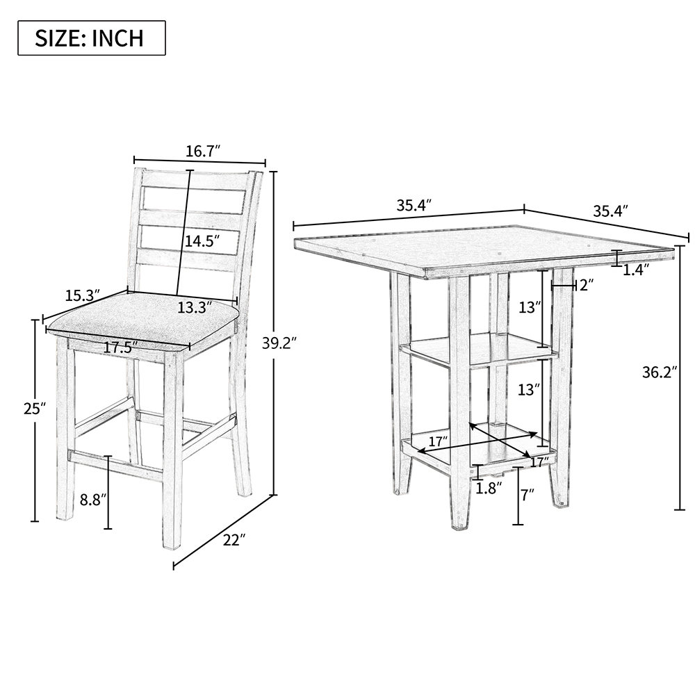 TREXM 5 Piece Dining Set, Including 1 Square Counter Height Table with 2-Layer Storage Shelf, and 4 Padded Chairs, for Small Apartment, Studio, Kitchen - Espresso