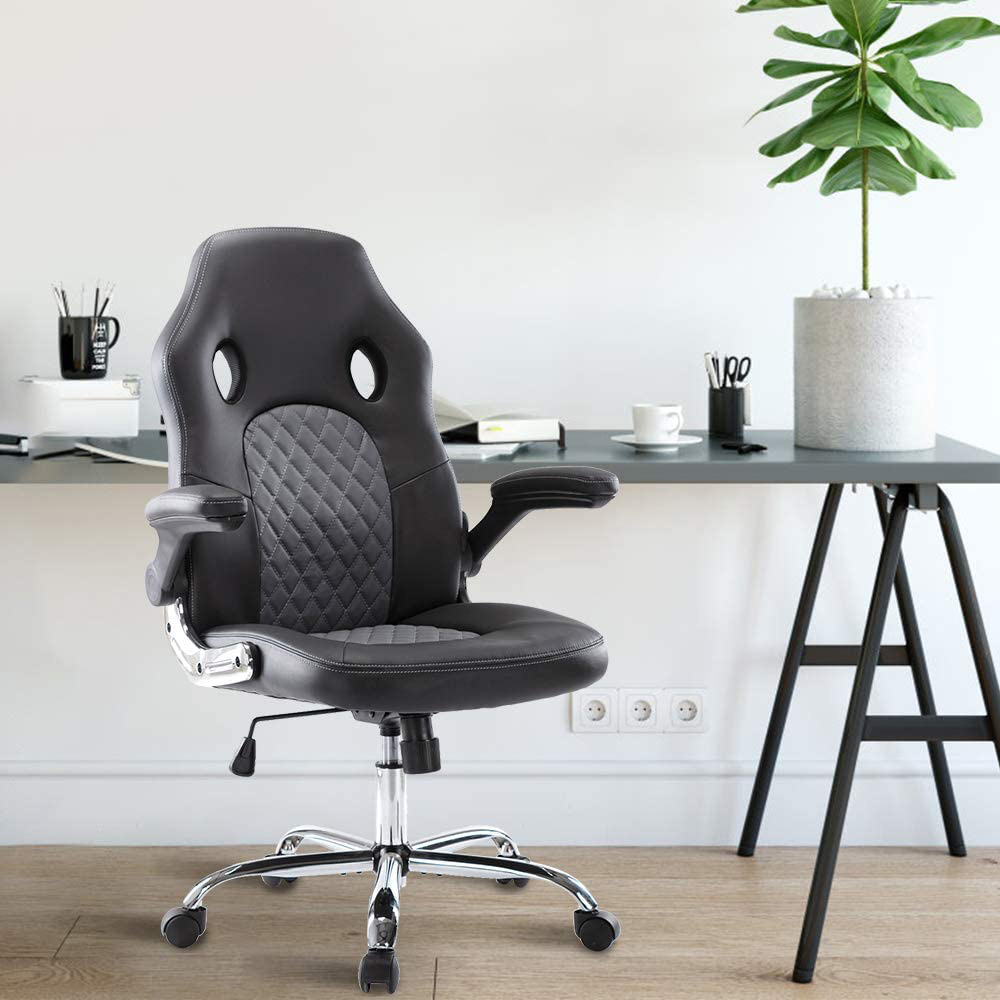Home Office Leather Adjustable Task Chair with Ergonomic High Backrest and Flip-up Armrests - Black