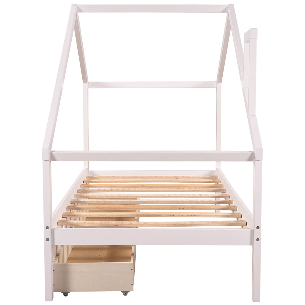 Twin-Size Daybed Frame with 2 Storage Drawers and Wooden Slats Support, No Box Spring Needed (Only Frame) - White