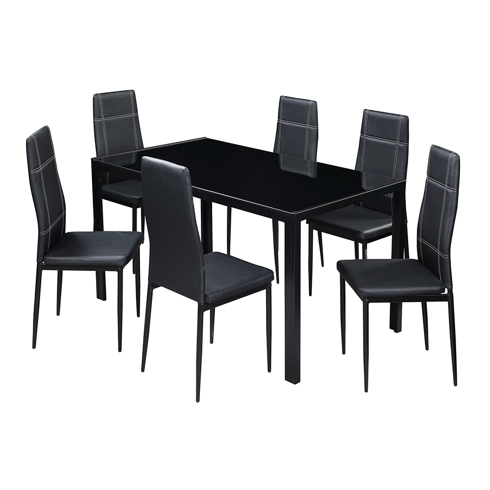 U-STYLE 7 Piece Dining Set, Including 1 Glass Table and 6 Leather Chairs, for Kitchen, Living Room, Bar, Restaurant, Cafe - Black