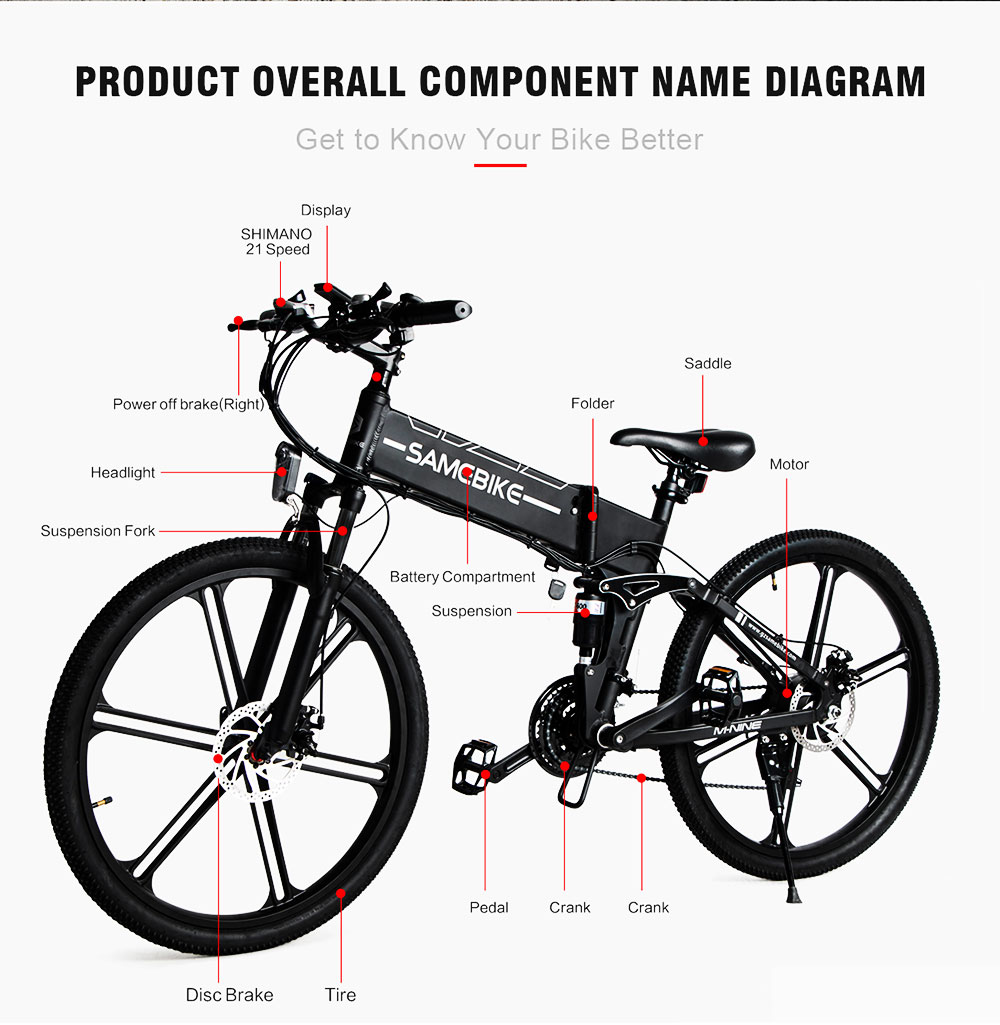 Samebike LO26 II Smart Folding Electric Moped Bike 500W Motor 10Ah Battery Max 25km/h SHIMANO 21 Gear Pure electric mode 35-40km Max range 26 Inch Magnesium Alloy Rim Wheel - Black