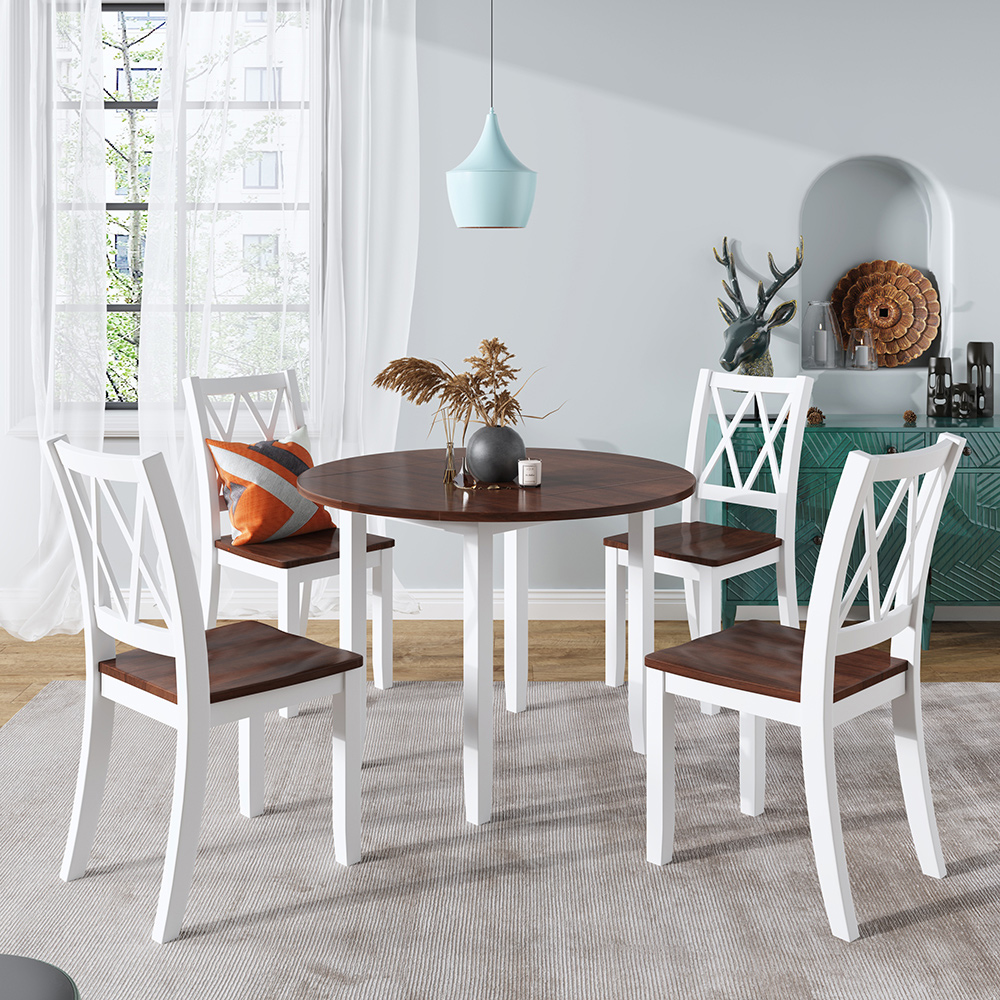 TOPMAX 5 Piece Dining Set, Including 1 Round Folding Wood Table, and 4 Cross Back Chairs, for Small Apartment, Studio, Kitchen - White + Cherry