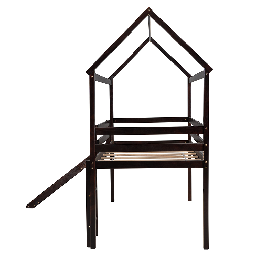 Twin-Size House-shaped Loft Bed Frame with Ladder, Slide, and Wooden Slats Support, for Kids, Teens, Boys, Girls (Frame Only) - Espresso