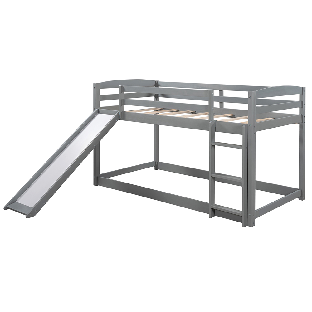 Twin-Over-Twin Size Bunk Bed Frame with Convertible Slide, Ladder, and Wooden Slats Support, No Spring Box Required, for Kids, Teens, Boys, Girls (Frame Only) - Gray