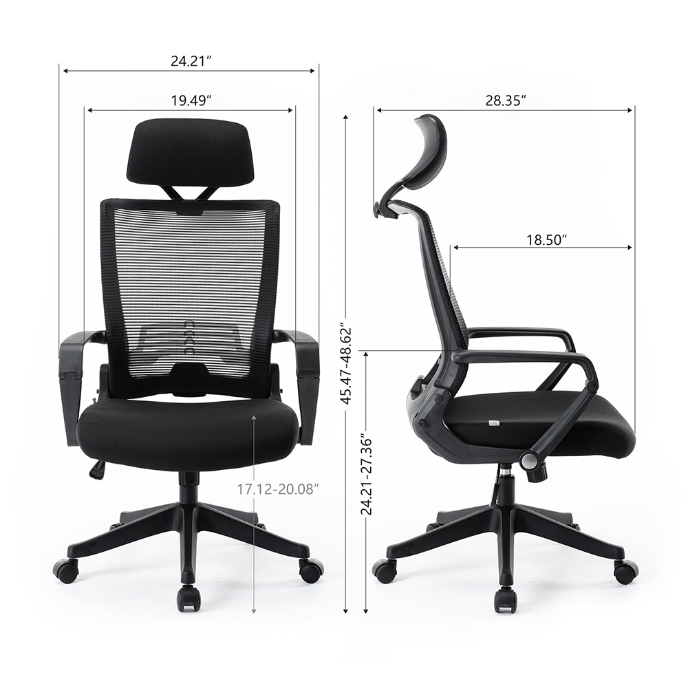 Home Office Mesh Adjustable Rotatable Chair with Ergonomic High Backrest and Lumbar Support - Black