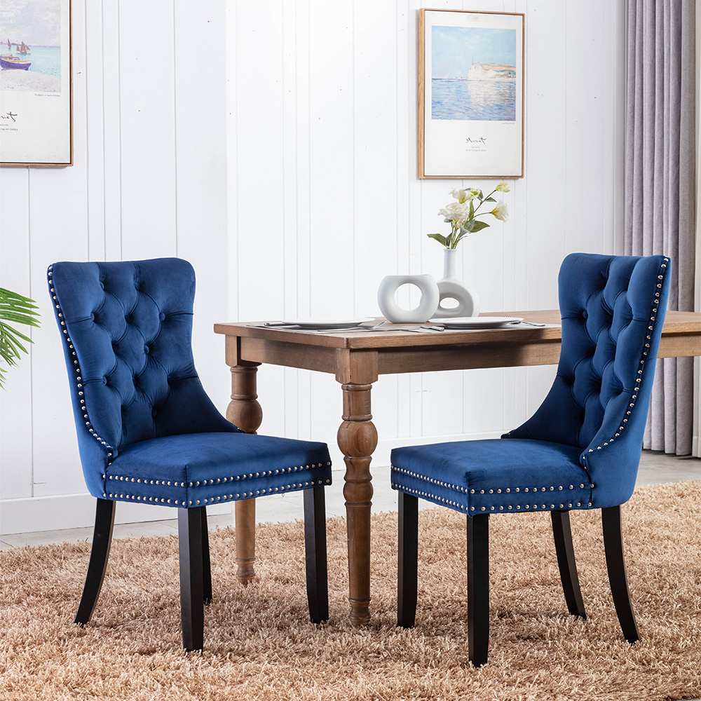 Velvet Upholstered Dining Chair Set of 2, with Curved Backrest, and Wooden Legs, for Restaurant, Cafe, Tavern, Office, Living Room - Blue