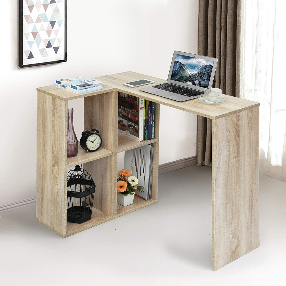 Home Office L-Shaped Corner Computer Desk with Storage Shelves and Wooden Frame, for Game Room, Office, Study Room - Oak