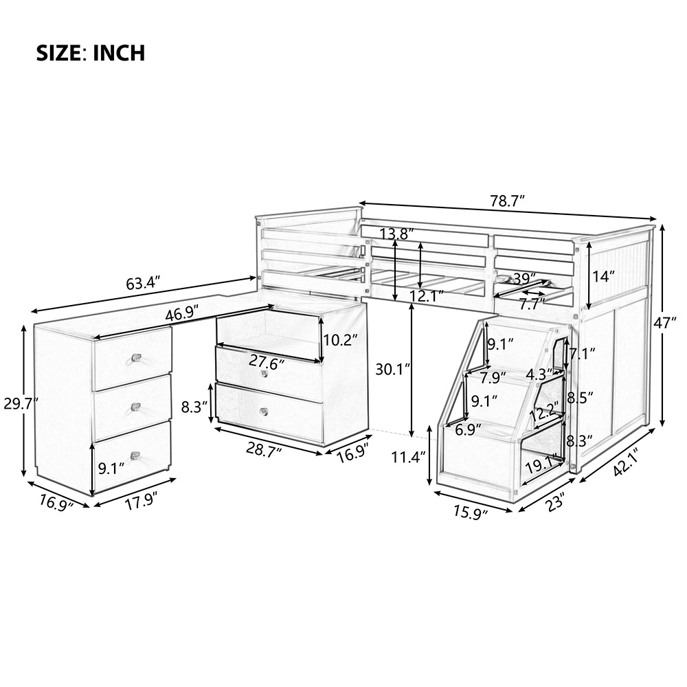 Twin-Size Loft Bed Frame with Desk, Storage Drawers, and Wooden Slats Support, for Kids, Teens, Boys, Girls (Frame Only) - White