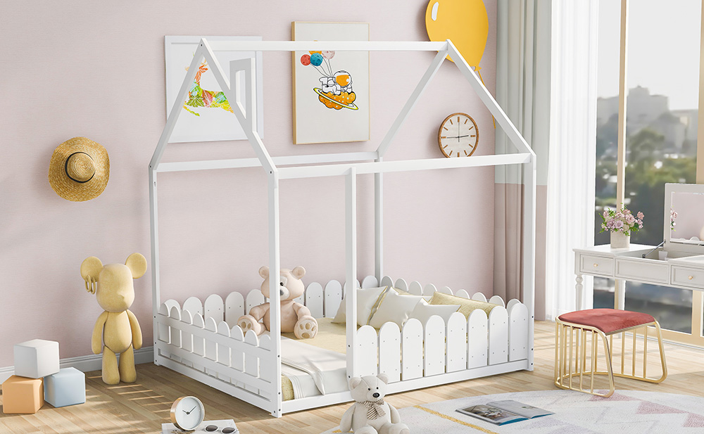 Full-Size House-Shaped Bed Frame With Fence, Box Spring Needed, For Kids, Teens, Girls, Boys (Only Frame) - White 6 Full-Size House-Shaped Bed Frame with Fence, Box Spring Needed, for Kids, Teens, Girls, Boys (Only Frame) - White