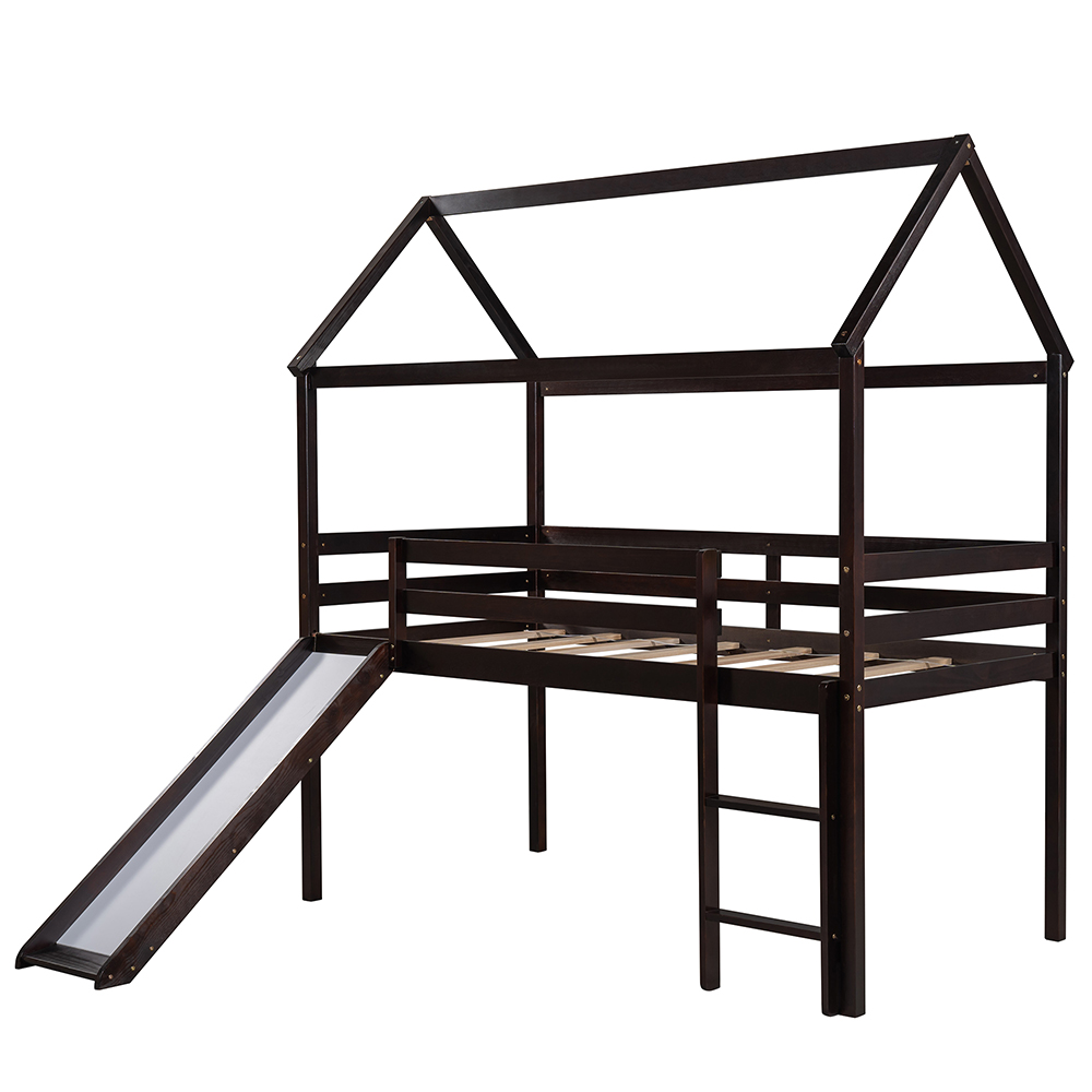 Twin-Size House-shaped Loft Bed Frame with Ladder, Slide, and Wooden Slats Support, for Kids, Teens, Boys, Girls (Frame Only) - Espresso