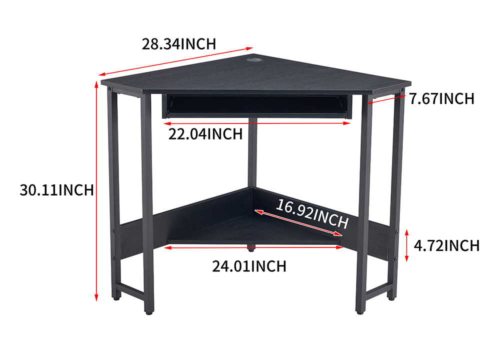 28.3" Triangle Computer Table with Keyboard Tray and Large Storage Space, for Office, Cafe, Study Room - Black