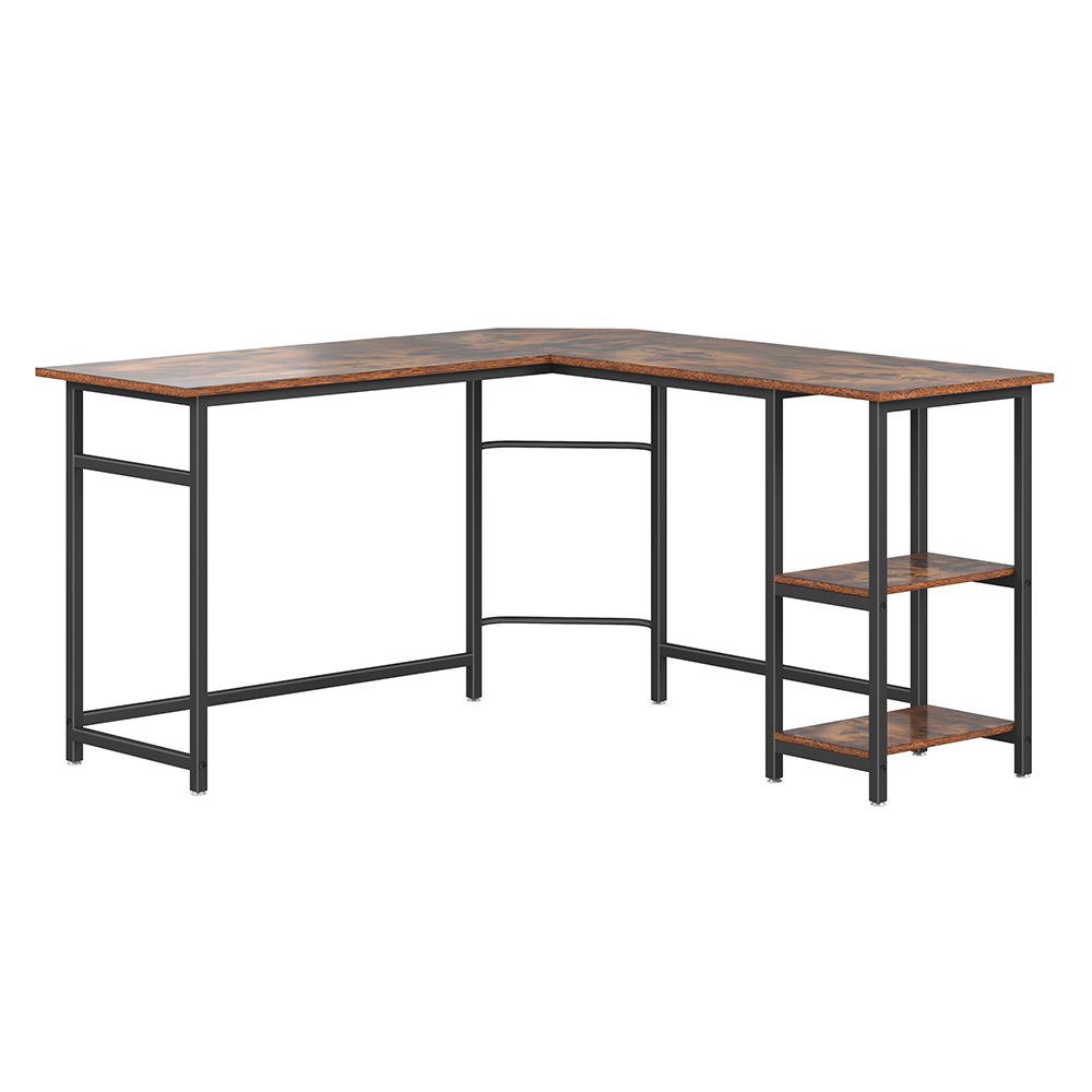 Home Office L-Shaped Computer Desk with Wooden Tabletop and Metal Frame, for Game Room, Office, Study Room - Brown