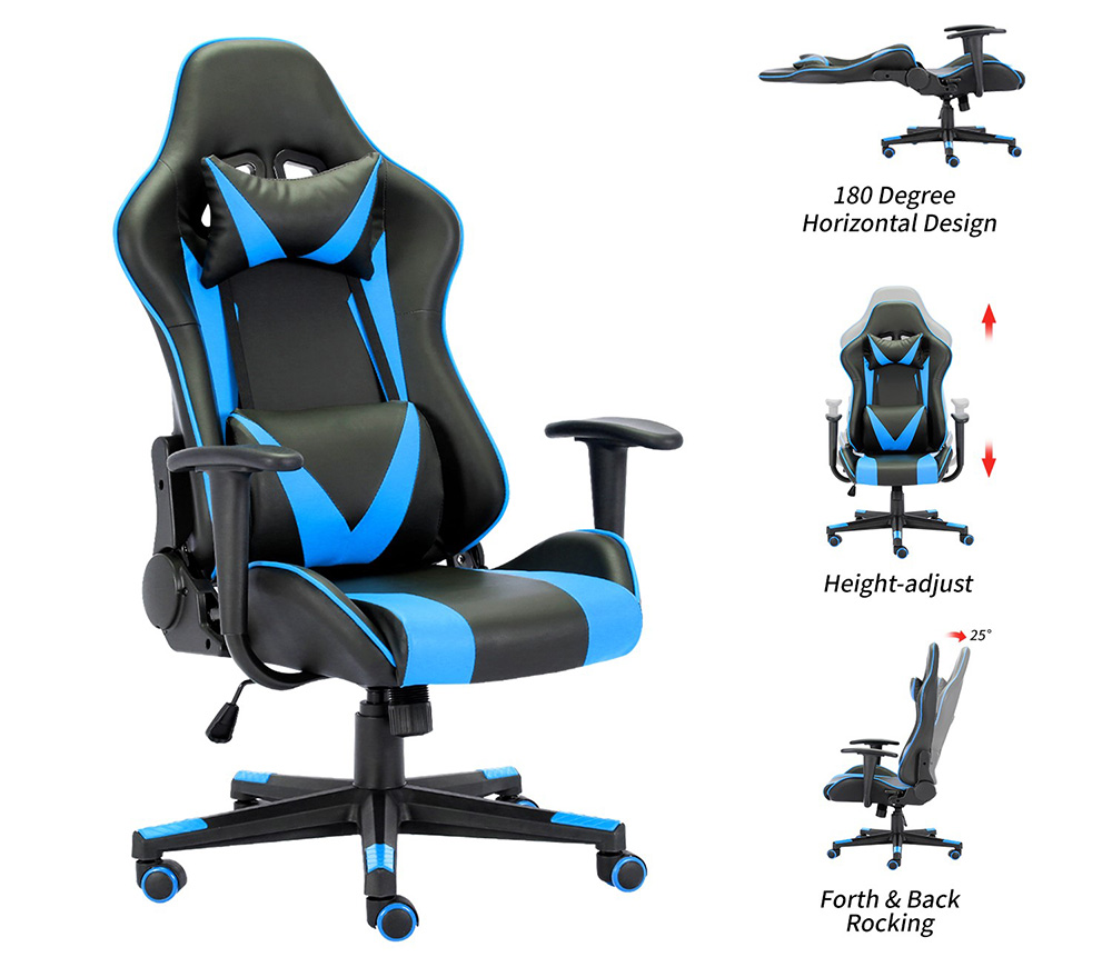 Home Office PU Leather Adjustable Rotatable Massage Gaming Chair with Ergonomic High Backrest and Lumbar Support - Black + Blue