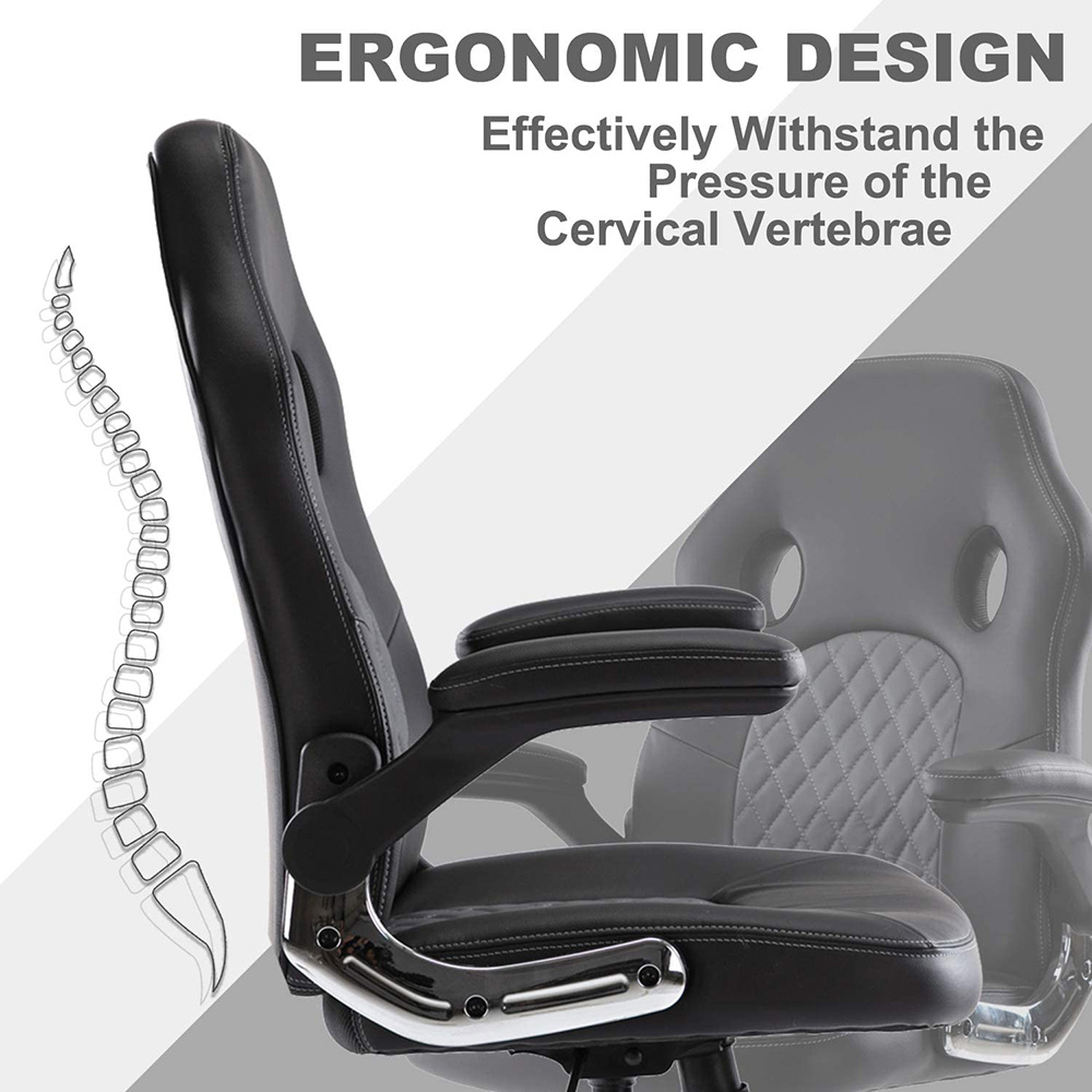 Home Office Leather Adjustable Task Chair with Ergonomic High Backrest and Flip-up Armrests - Black