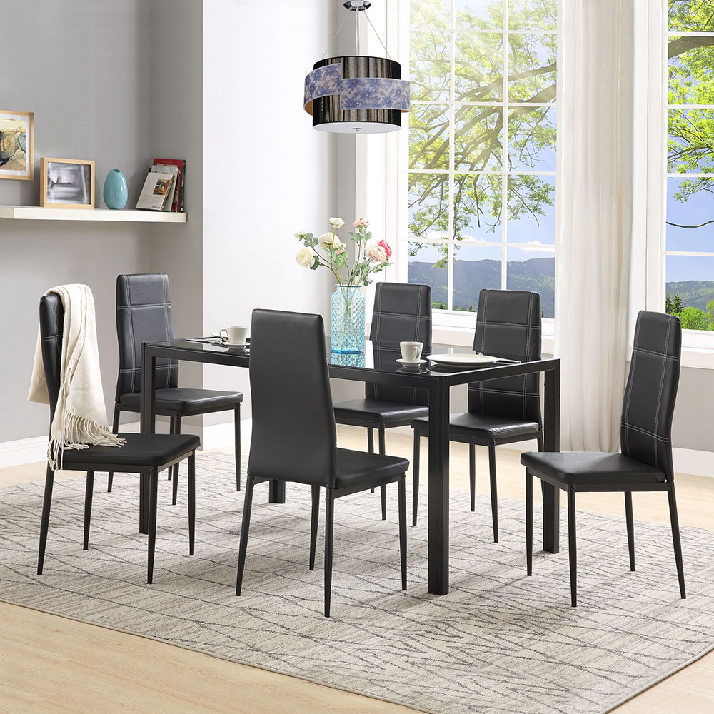 U-STYLE 7 Piece Dining Set, Including 1 Glass Table and 6 Leather Chairs, for Kitchen, Living Room, Bar, Restaurant, Cafe - Black