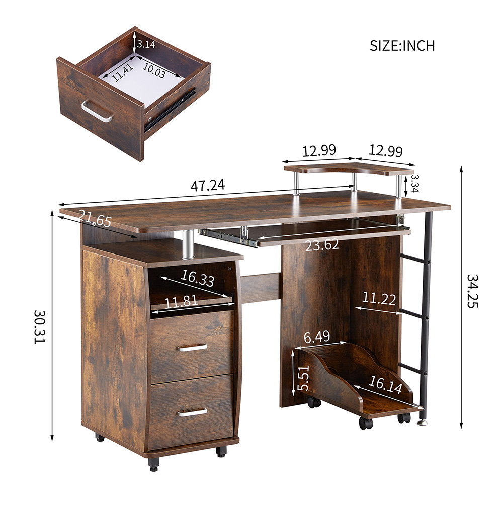 Home Office Computer Desk with PC Droller, File Cabinet, 2 Drawers, and CPU Tray, for Game Room, Office, Study Room - Tiger