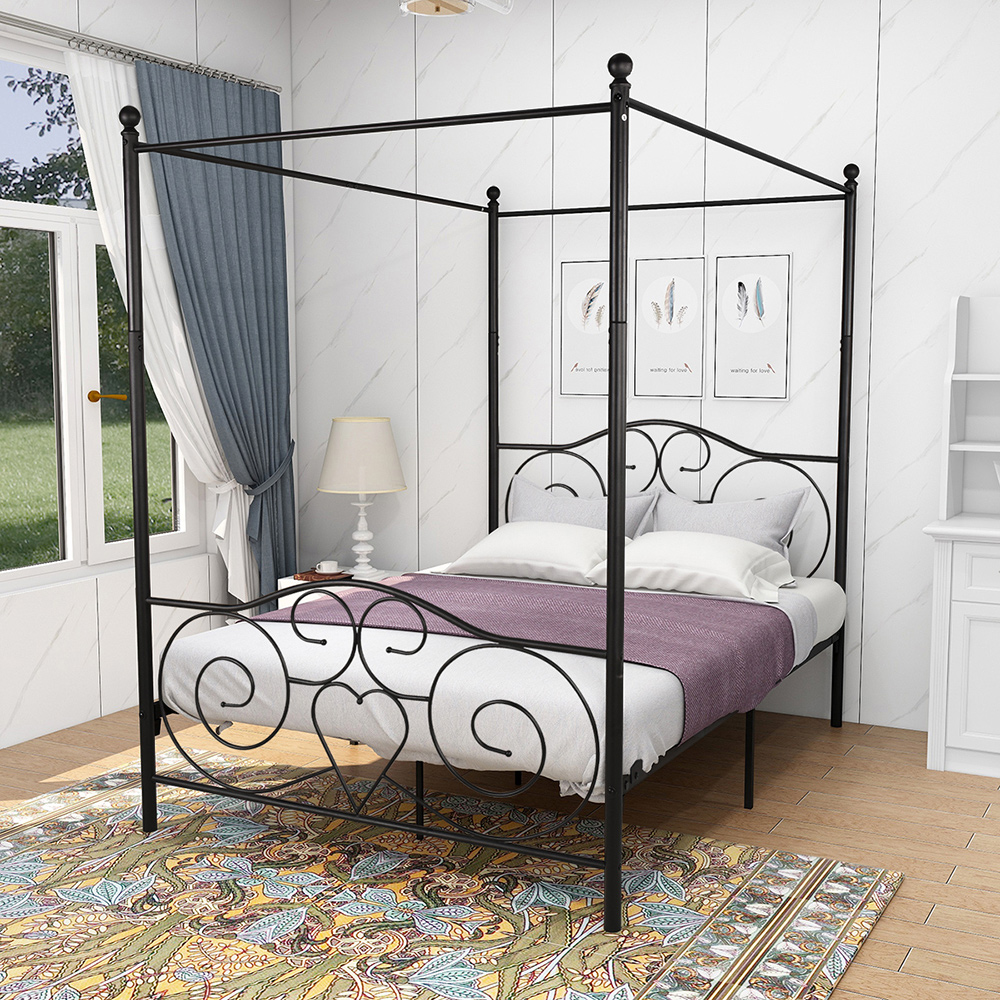 FullSize Metal Canopy Bed Frame with 4 Pillars Black