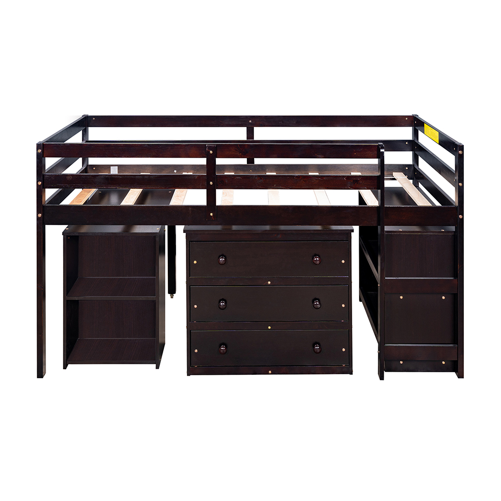 Twin-Size Loft Bed Frame with Movable Desk, Storage Cabinet, Ladder, and Wooden Slats Support, for Kids, Teens, Boys, Girls (Frame Only) - Espresso