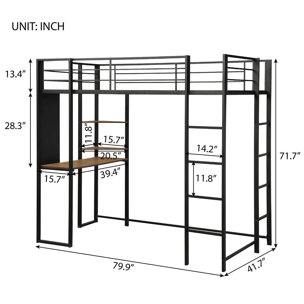 Twin-Size Loft Bed Frame with Desk, Storage Shelves, Ladder, and Metal Slats Support, for Kids, Teens, Boys, Girls (Frame Only) - Black