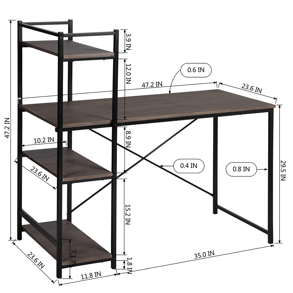 Home Office 47.2"L Computer Desk with 4-Layer Storage Shelf, Wooden Tabletop and Metal Frame, for Game Room, Office, Study Room - Walnut