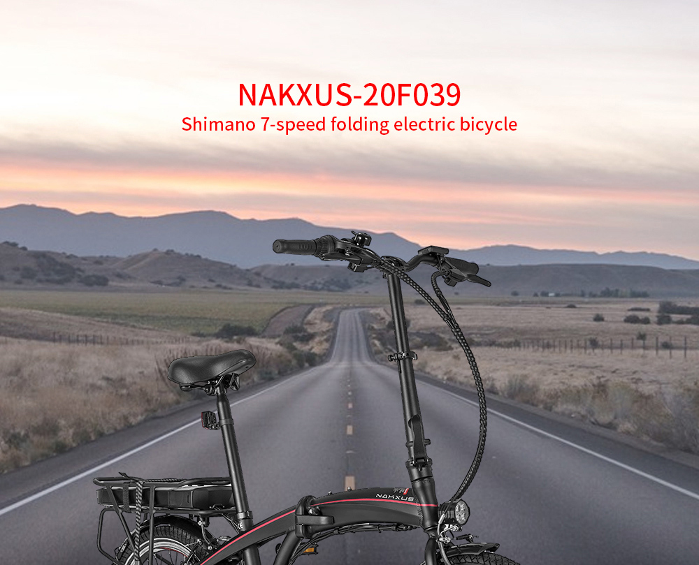 NAKXUS 20F039 20 Inch Folding Electric Bike 250W Motor 25km/h Shimano 7-Speed Gears 36V 10Ah Battery 50-55km Max range LED Headlamp IP54 Waterproof  - Black