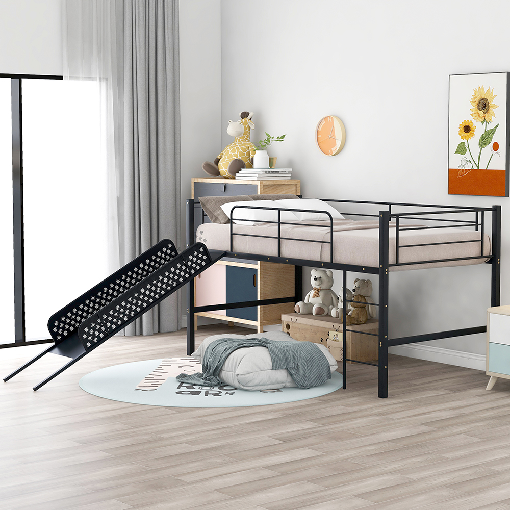 Twin-Size Loft Bed Frame with Ladder, Slide, and Metal Slats Support, for Kids, Teens, Boys, Girls (Frame Only) - Black