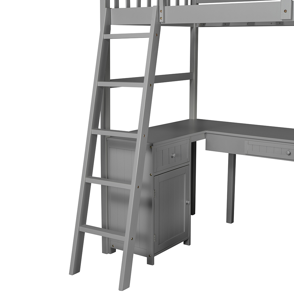 Twin-Size Loft Bed Frame with Desk, Storage Drawers,  Cabinet, Shelves, Ladder, and Wooden Slats Support, for Kids, Teens, Boys, Girls (Frame Only) - Gray
