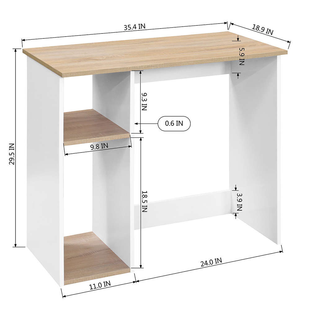 Home Office 35" Computer Desk with 2-Layer Storage Shelf and Wooden Frame, for Game Room, Office, Study Room - Oak