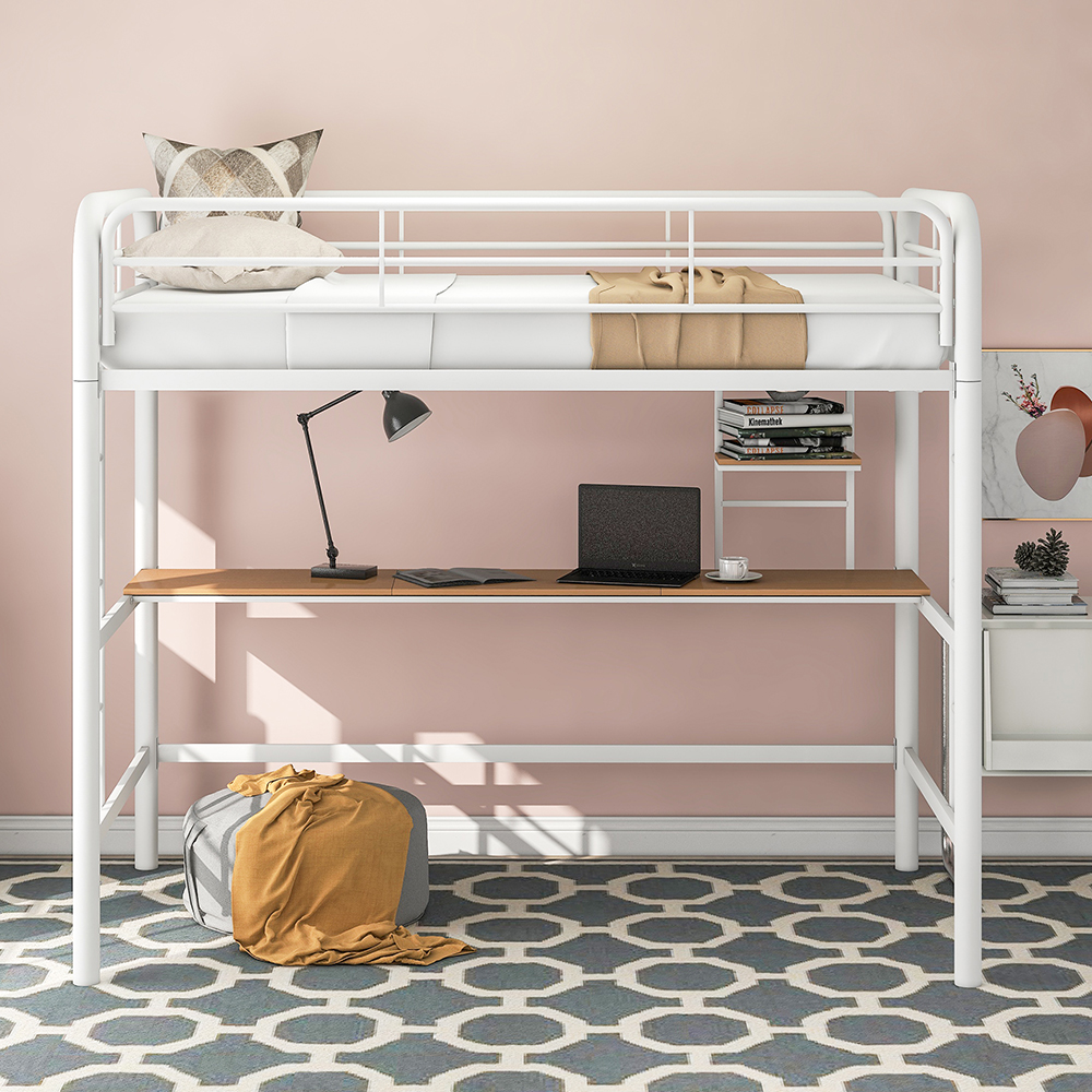 Twin-Size Loft Bed Frame with Desk, Storage Shelf, Ladders, and Metal Slats Support, for Kids, Teens, Boys, Girls (Frame Only) - White