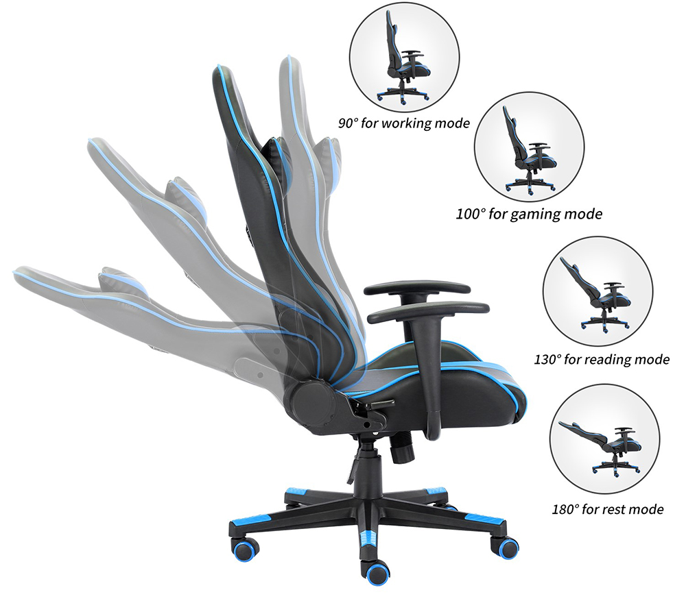 Home Office PU Leather Adjustable Rotatable Massage Gaming Chair with Ergonomic High Backrest and Lumbar Support - Black + Blue