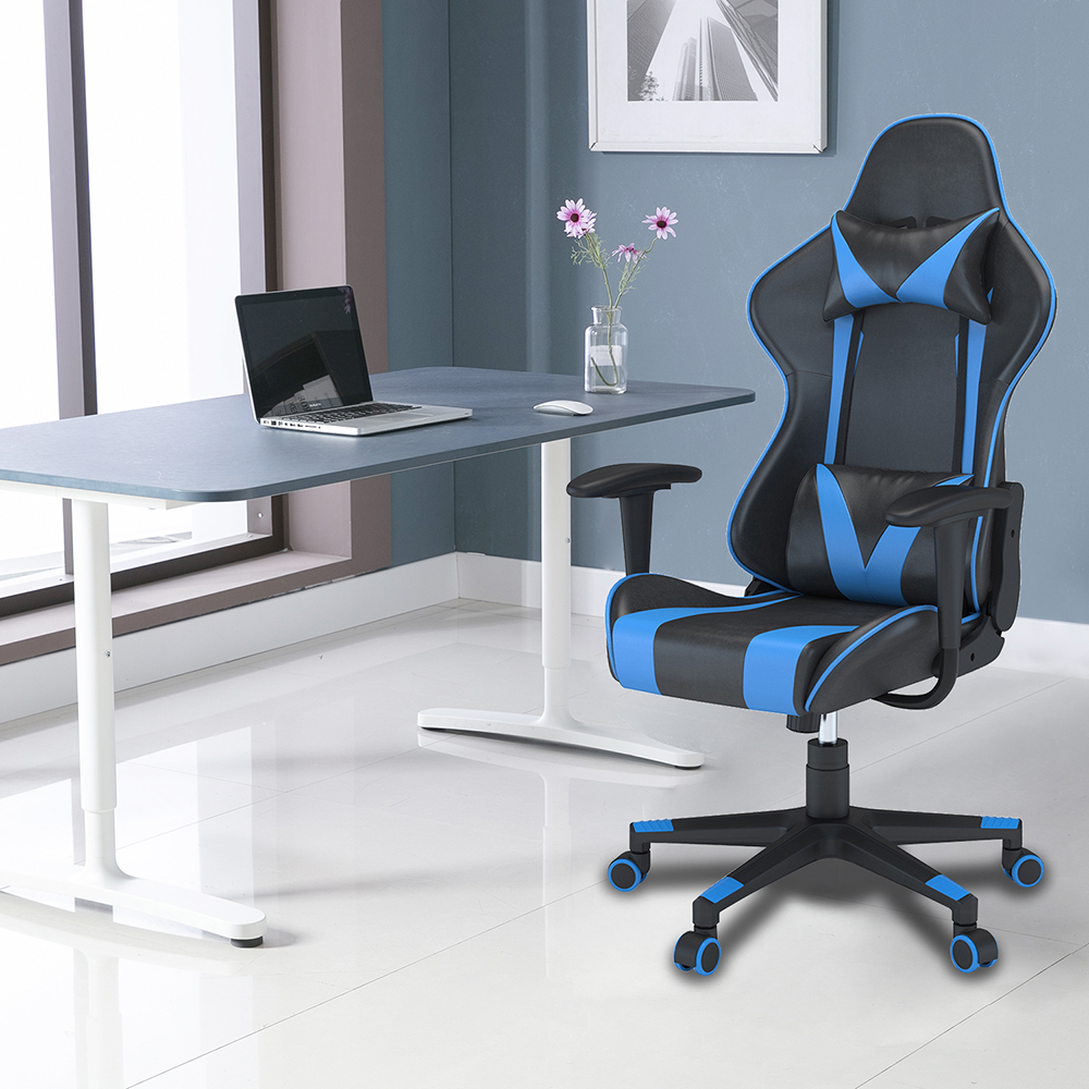 Home Office PU Leather Adjustable Rotatable Massage Gaming Chair with Ergonomic High Backrest and Lumbar Support - Black + Blue