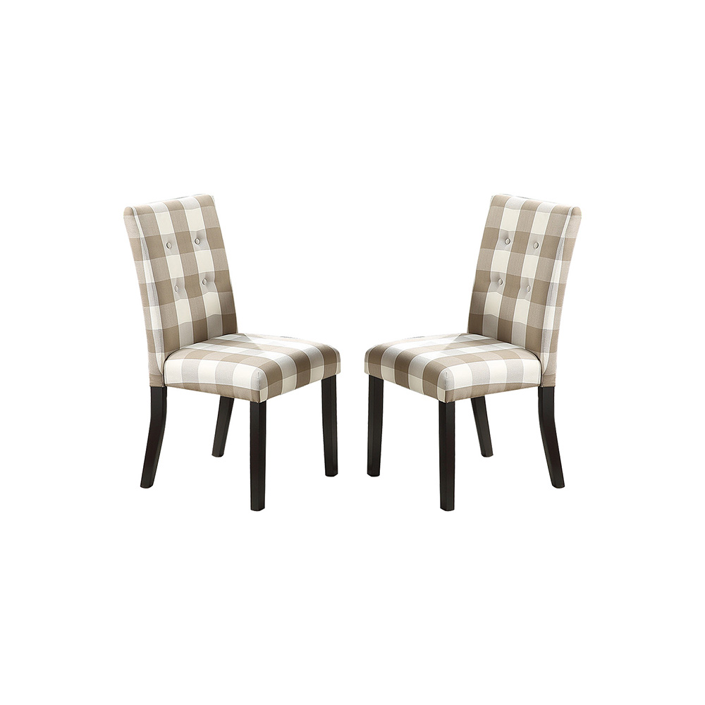 Grid Patterned Fabric Upholstered Dining Chair Set of 2, with High Backrest, and Wood Legs, for Restaurant, Cafe, Tavern, Office, Living Room - Beige