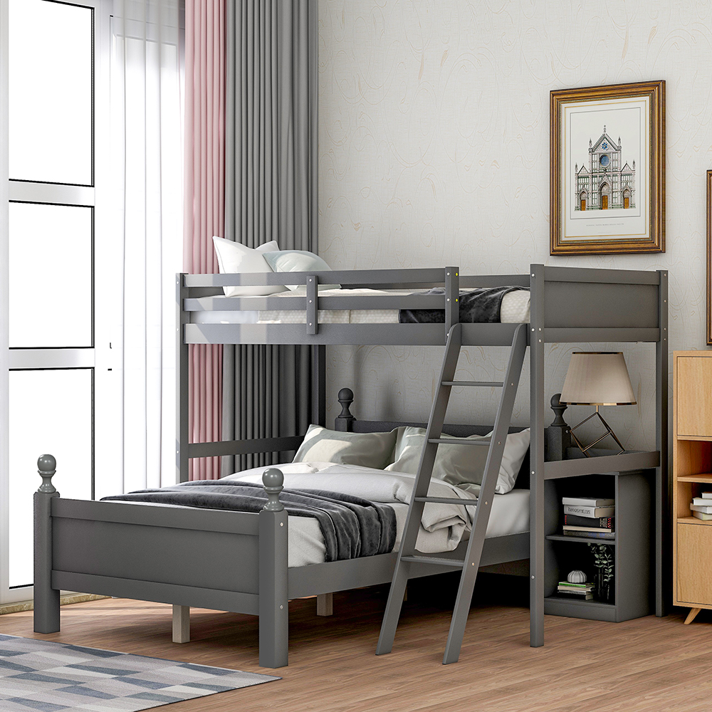 Twin-Over-Full Size Separable Bunk Bed Frame with Storage Cabinet, Ladder, and Wooden Slats Support, No Spring Box Required, for Kids, Teens (Frame Only) - Gray